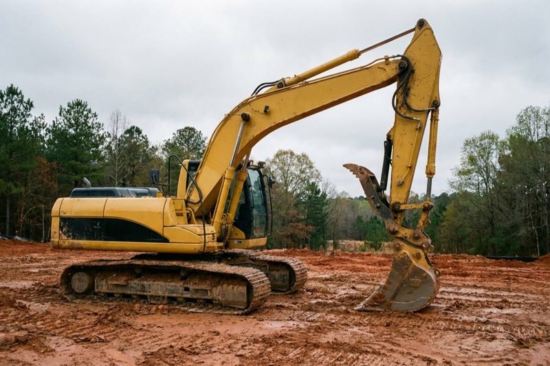Yellow hydraulic tracked excavator with a bucket and thumb attachment on a cleared red clay site